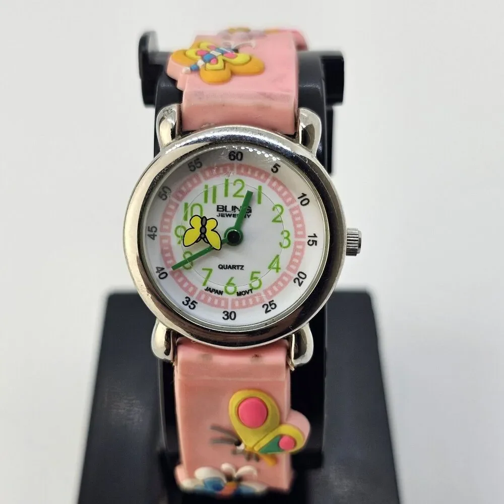 Floating Butterfly Second Hand Kids Watch 27MM White Dial Pink Bands New Battery